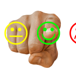 A hand pointing at a three way review system containing three differently coloured icon options, neutral positive and negative
