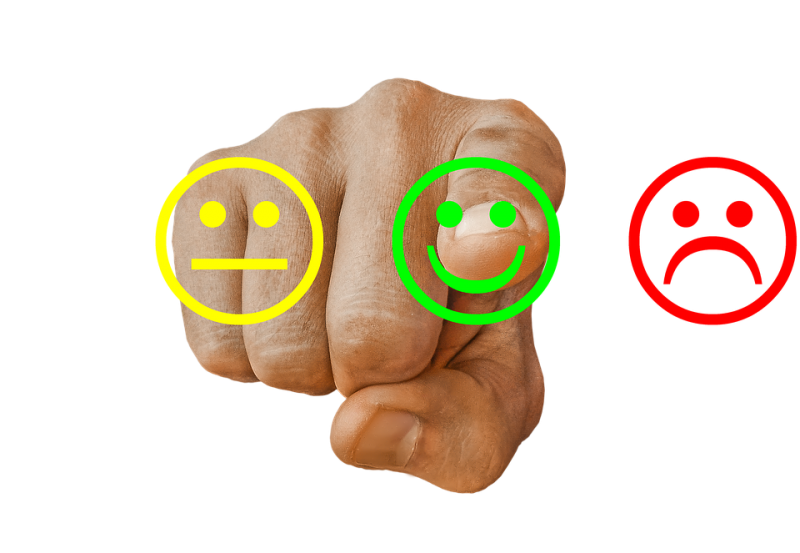 A hand pointing at a three way review system containing three differently coloured icon options, neutral positive and negative