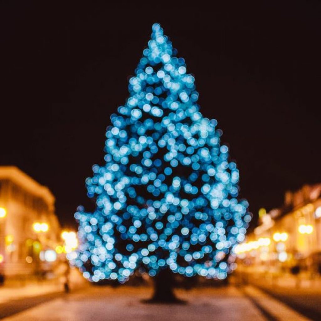Christmas tree in a town centre covered in blue lights