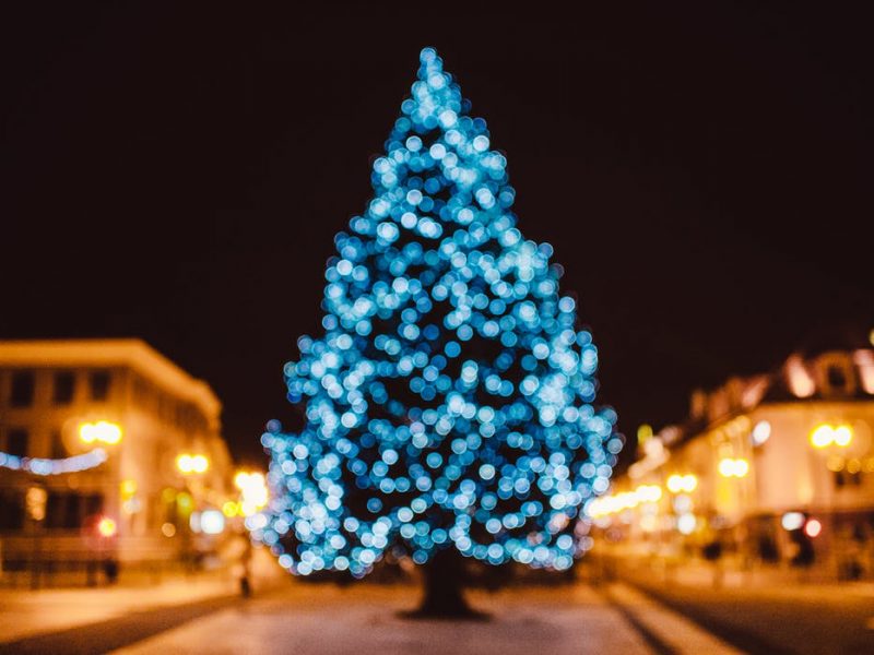Christmas tree in a town centre covered in blue lights