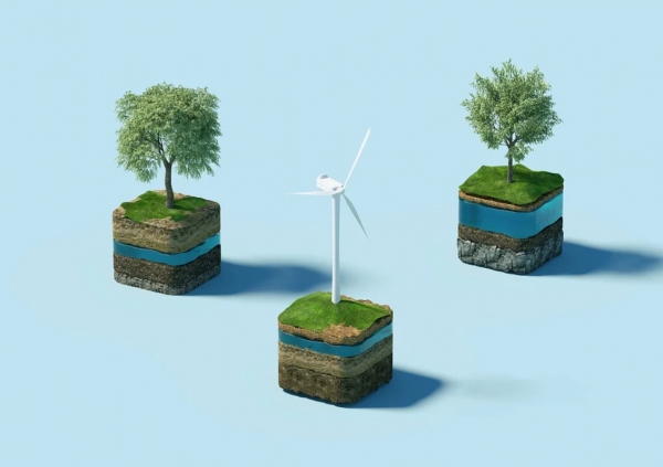 Three layered pathes of terrain with trees and a wind turbine on a light blue background