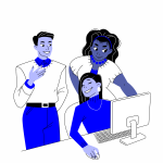 Blue vector graphic depicting three co-workers in an office space with a desktop computer