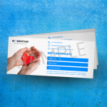 Three fanned out gift certificates on a blue background