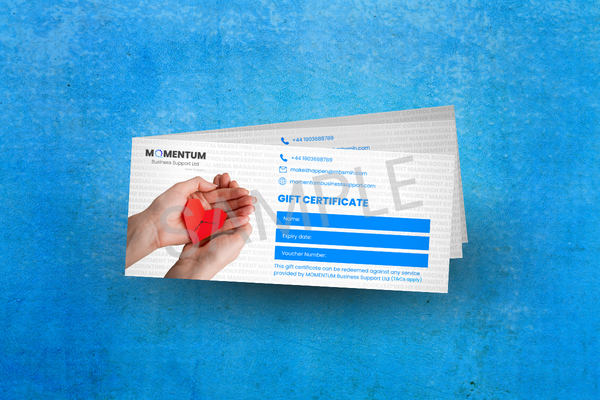 Three fanned out gift certificates on a blue background