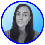 Rachael Egan's black and white headshot photo on a blue ombre background circle
